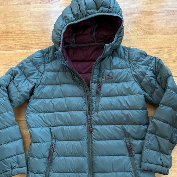 L.L. Bean big boys 14-16 down jacket hooded Sage olive green burgundy - Picture 1 of 4